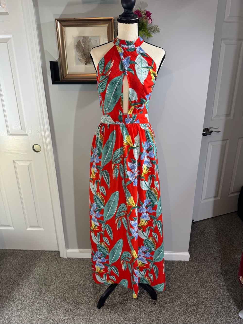 QED London Red Tropical Halter Maxi Dress
